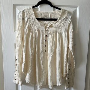 Free People Cream Textured Blouse with Button Accents